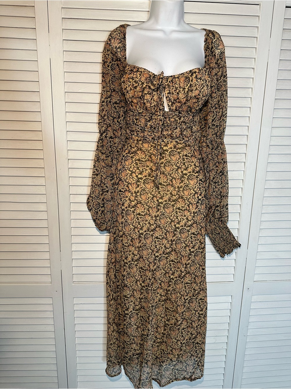 Free People Floral Midi Dress Open Back Balloon Sleeve Western Boho Prairie L - Picture 3 of 11